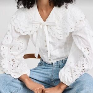 FARM RIO Richelieu Big Collar Off White Battenberg Lace Blouse M RARE SRP $240